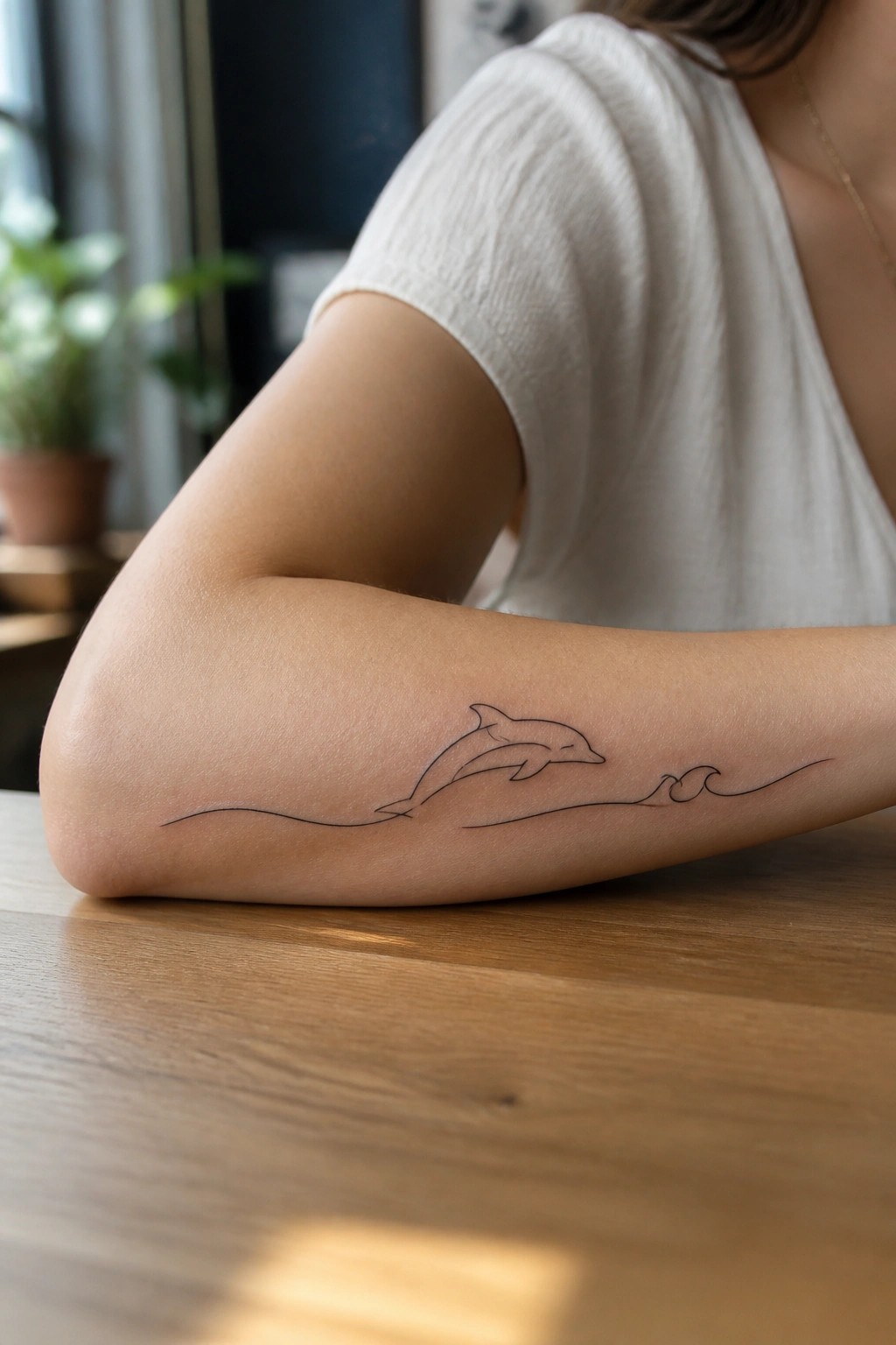 Arm in white shirt with black line dolphin tattoo leaping over waves on wood table