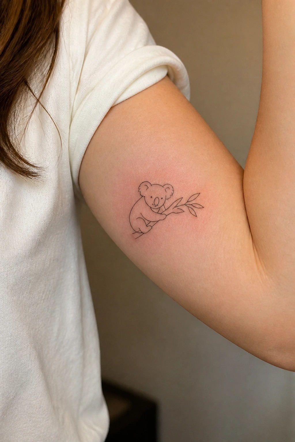Koala holding eucalyptus branch tattoo on upper arm of person in white shirt.