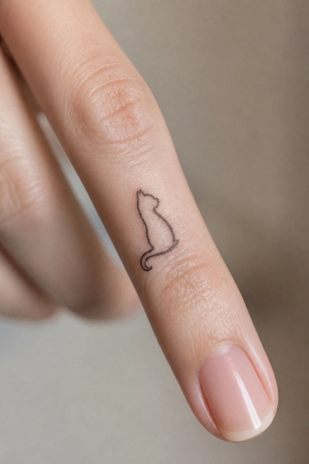 Small black cat tattoo on the side of a manicured finger.