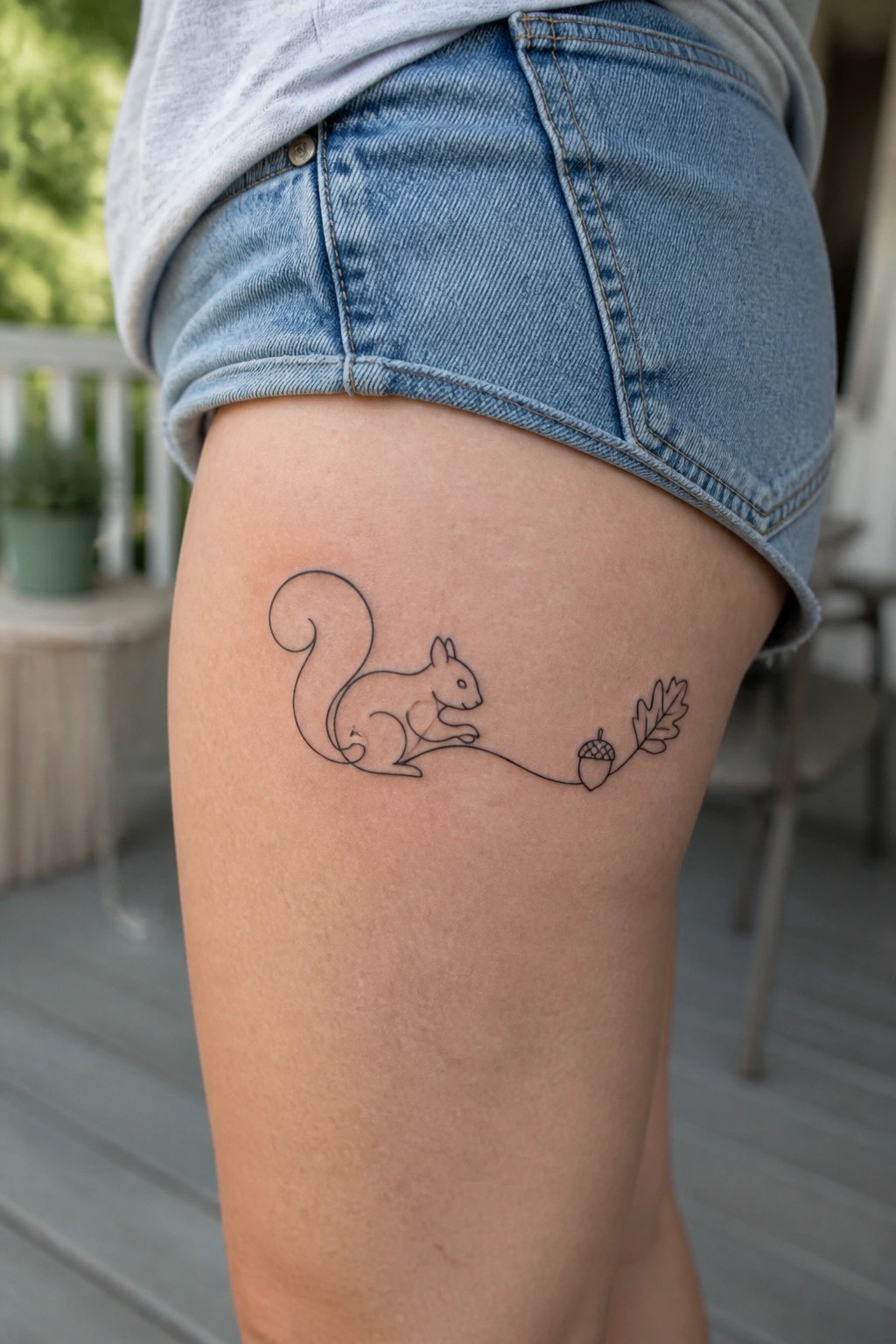 Black line squirrel tattoo with acorn and oak leaf on thigh in denim shorts