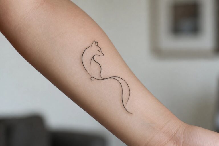 20 Charming One Line Animal Tattoos Inspired by Nature Minimalist black line fox tattoo flowing down a person's forearm