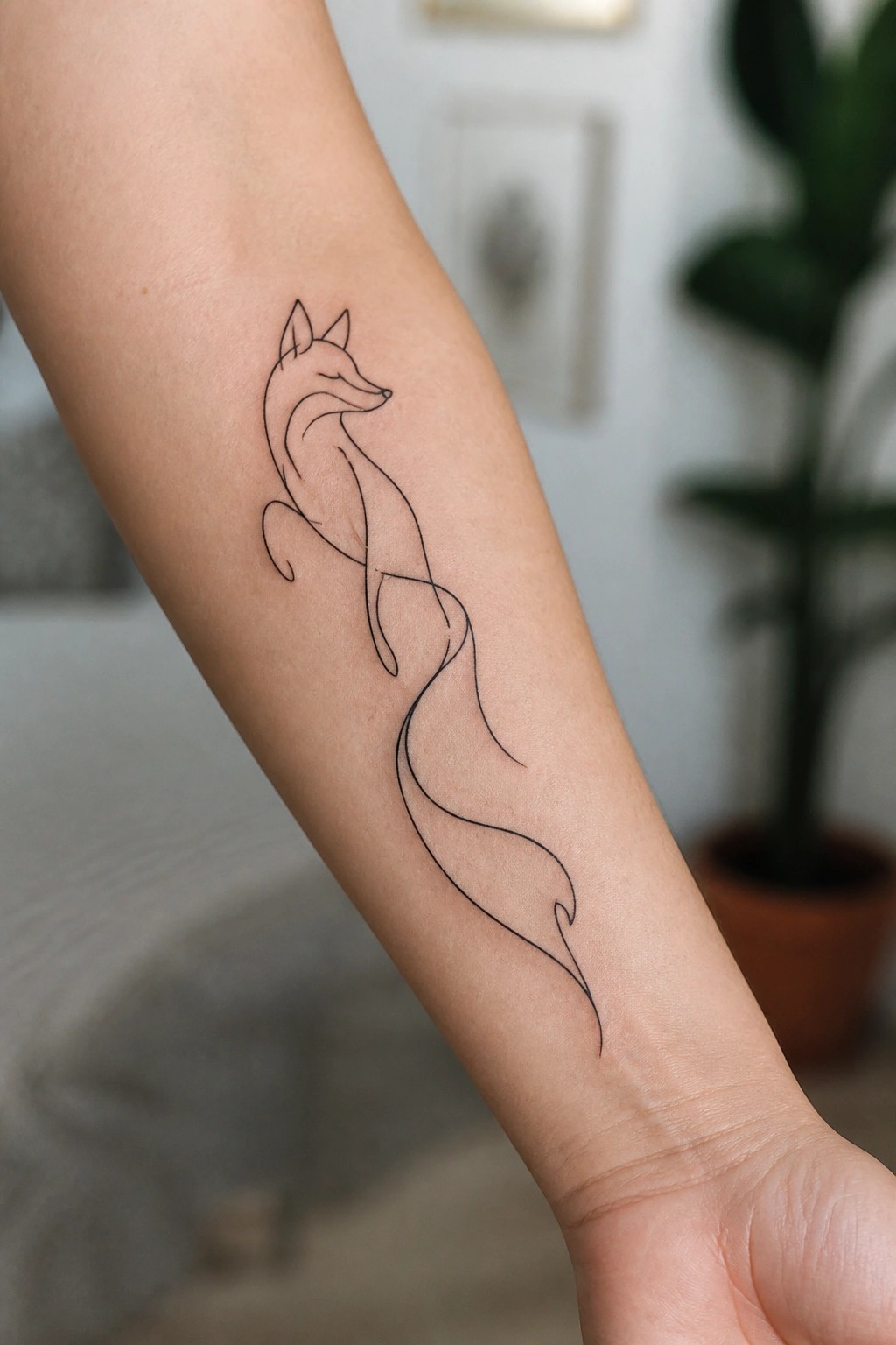 Minimalist black line fox tattoo flowing down a person's forearm