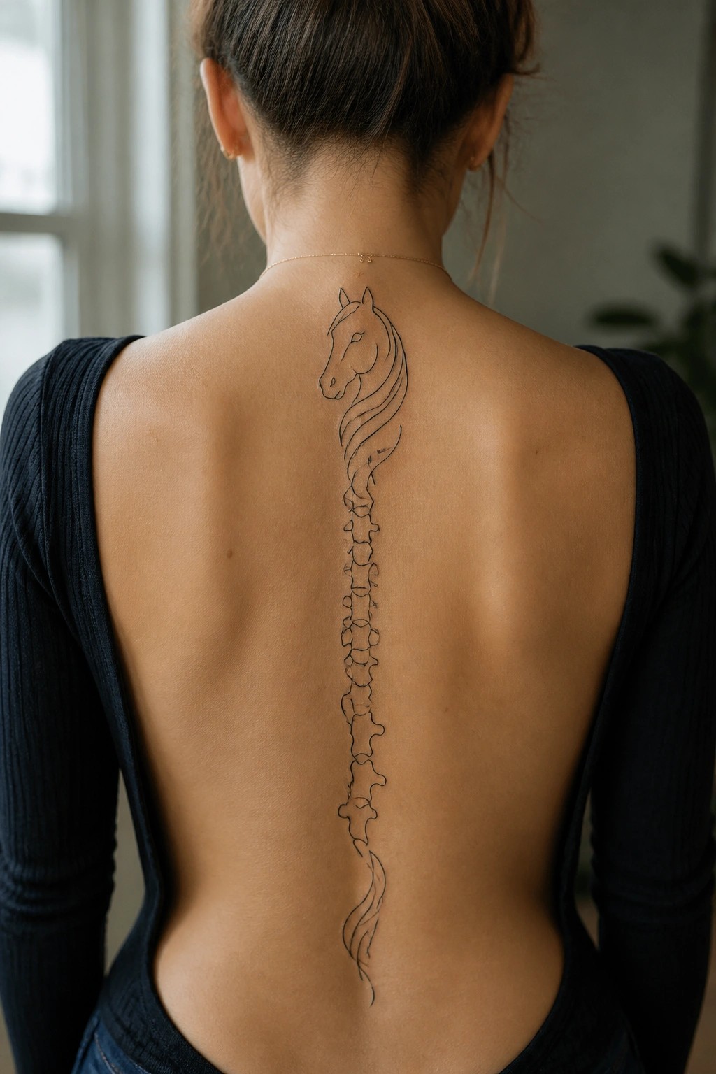 Woman's back in dark blue top with horse-head spine tattoo.