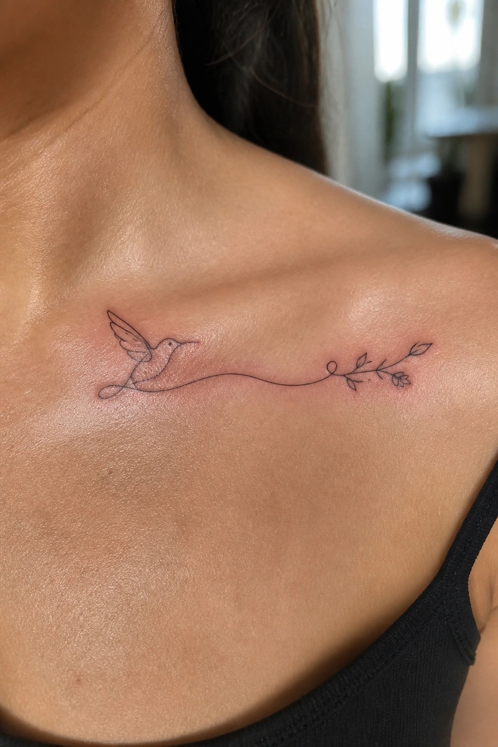 Fine line tattoo of a hummingbird connected to a leafy vine placed horizontally across the collarbone.