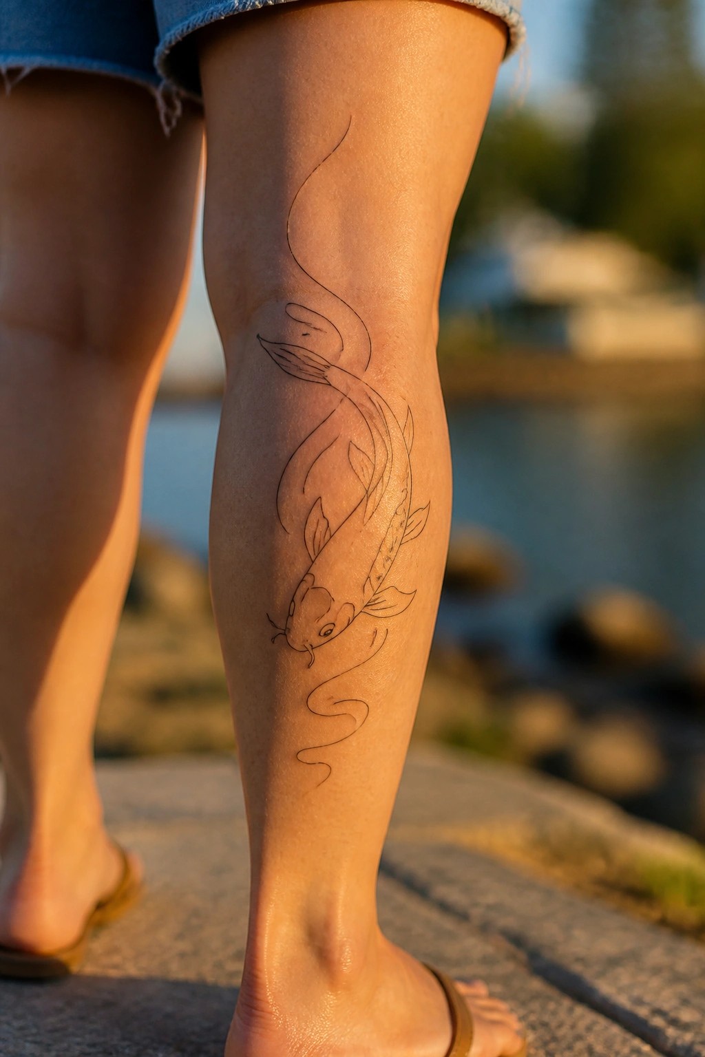 Koi fish line tattoo on leg in denim shorts by water at sunset