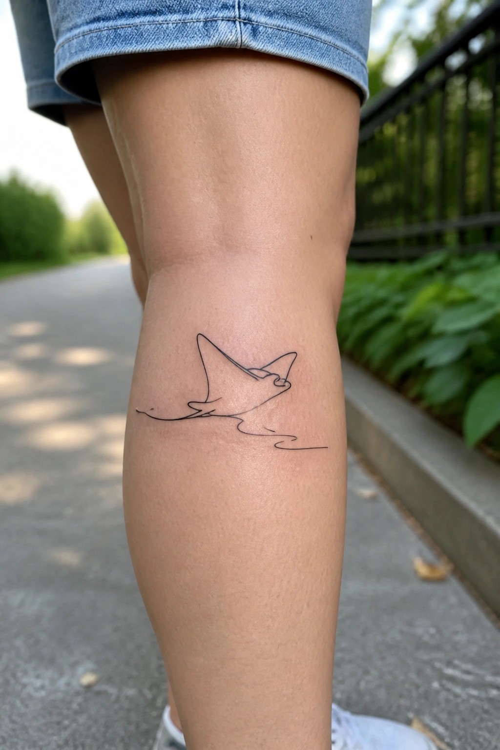 Minimalist single line manta ray tattoo on the lower leg below the knee.
