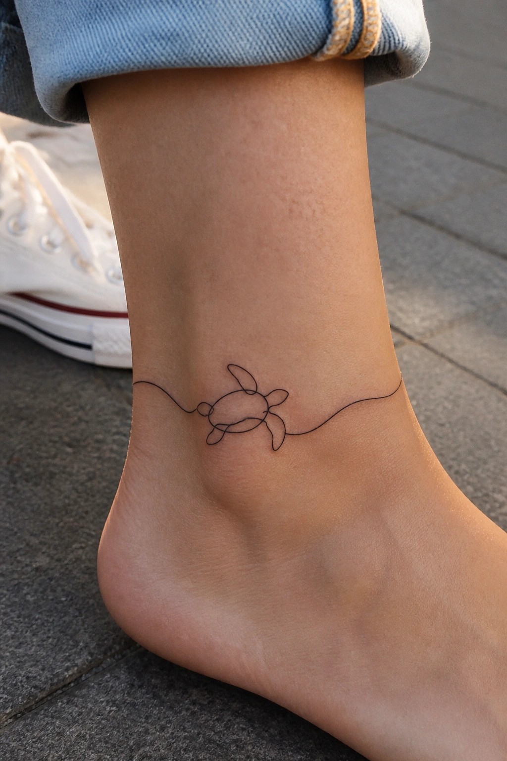Continuous line sea turtle tattoo on ankle with cuffed blue jeans and white sneaker