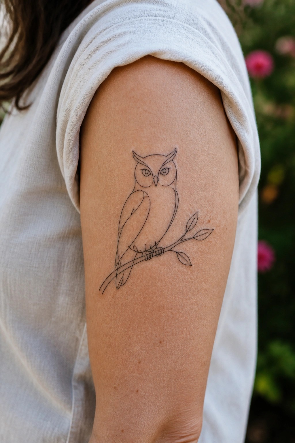 Minimalist black line owl tattoo on upper arm, white shirt, blurred pink flowers.