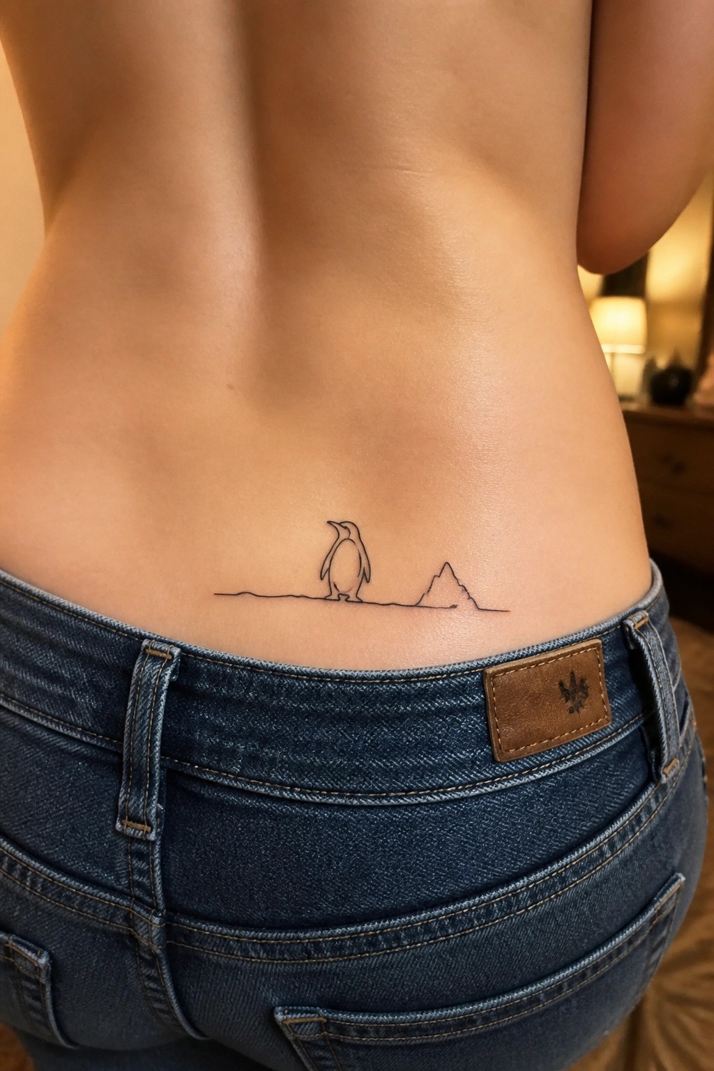 Penguin line tattoo on bare lower back above blue denim jeans with leather patch.