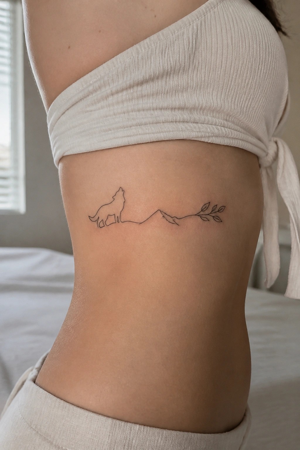 Line tattoo of howling wolf, mountains, and leaves on ribs below white crop top