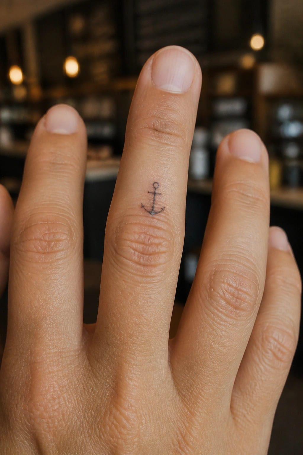 Hand with small black anchor tattoo on middle finger against blurred background.