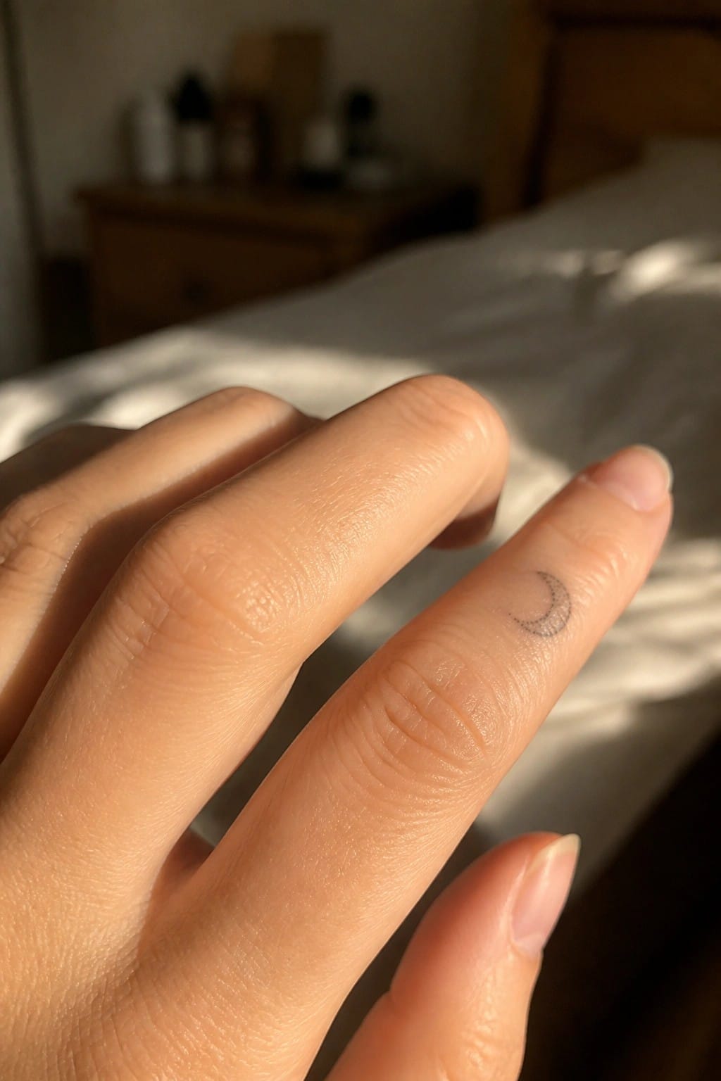 Small crescent moon tattoo in fine line style on the side of a finger