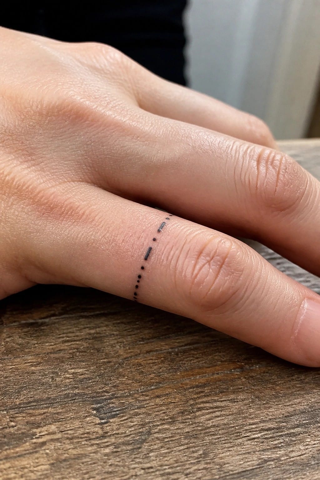 Hand with black dotted tattoo on ring finger resting on wooden surface.