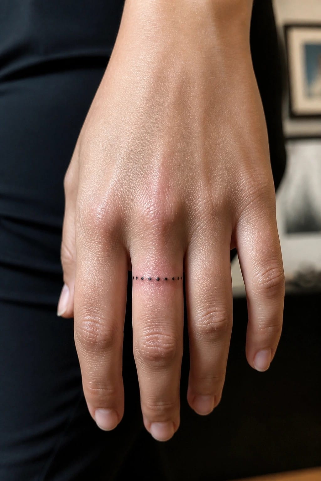 Hand with curved black dotted tattoo on ring finger against black fabric.