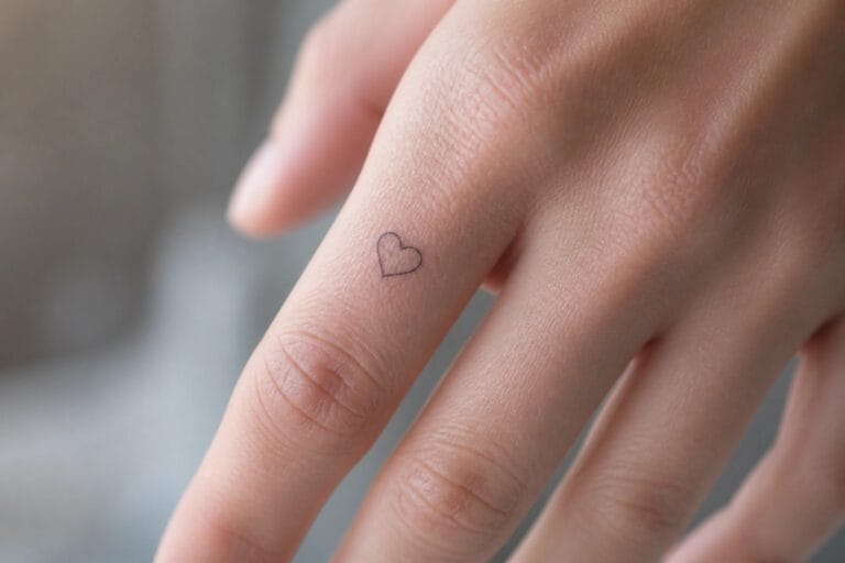 20 Classy Finger Tattoo Ideas Perfect for Tiny Yet Meaningful Designs Close-up of fingers with a small black heart tattoo on one.