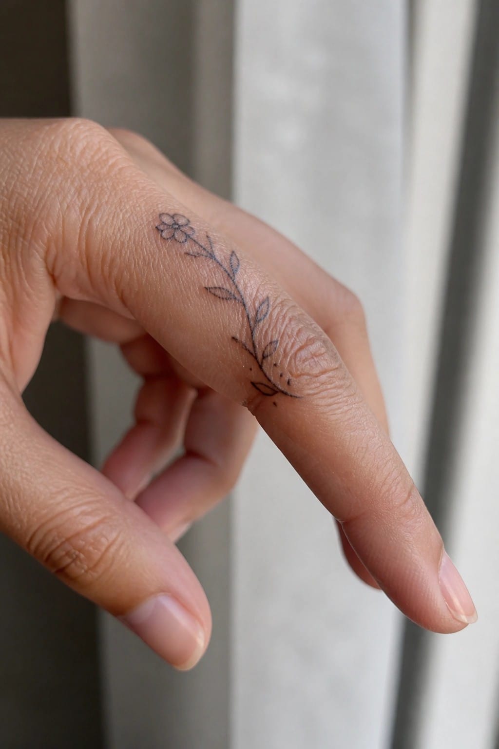 Hand's index finger with delicate black line flower and leaf tattoo.