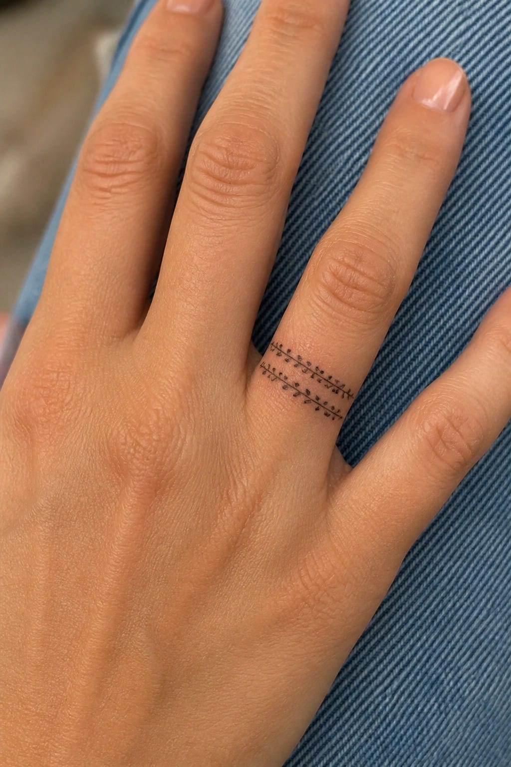 Fine line leaf band tattoo on the side of a ring finger