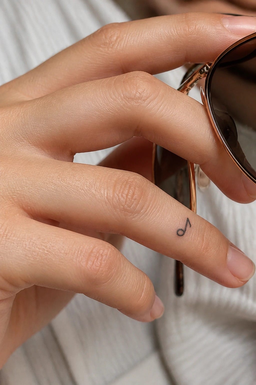 Fingers grasping rose gold sunglasses with small musical note tattoo on ring finger