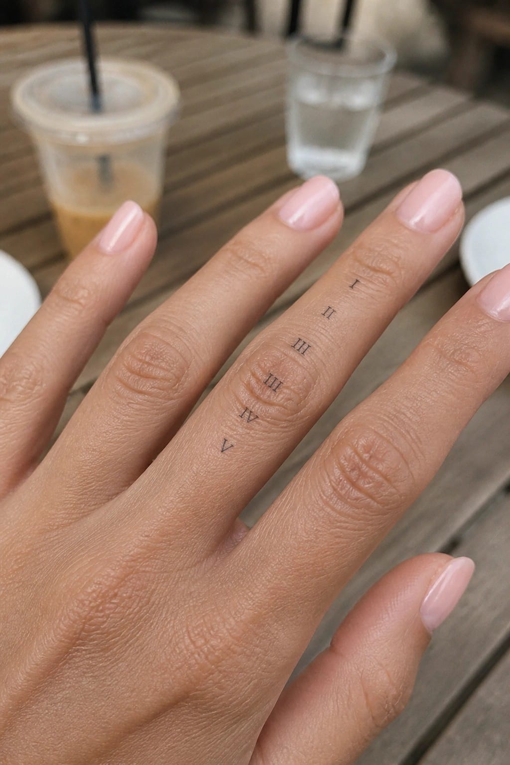 Hand with light pink nails and Roman numeral tattoos on finger beside drinks on wood table