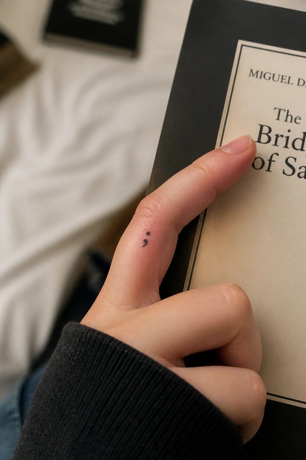 Hand with semicolon tattoo on index finger holding open book page