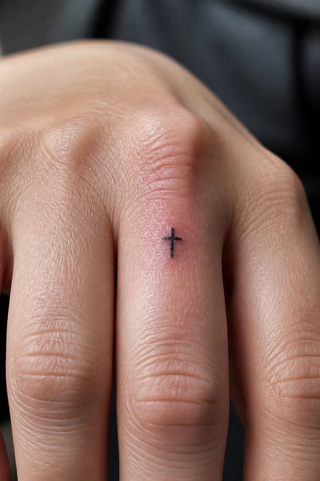 Close-up of light-skinned hand with small black cross tattoo on ring finger.