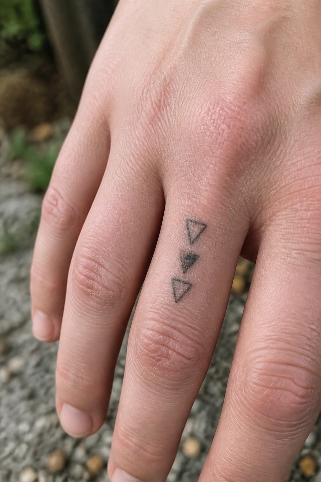 Three black triangular tattoos aligned on a ring finger