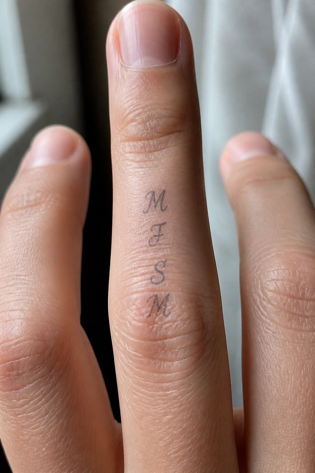Close-up of finger with vertical black tattoo letters M, F, S, M on skin.