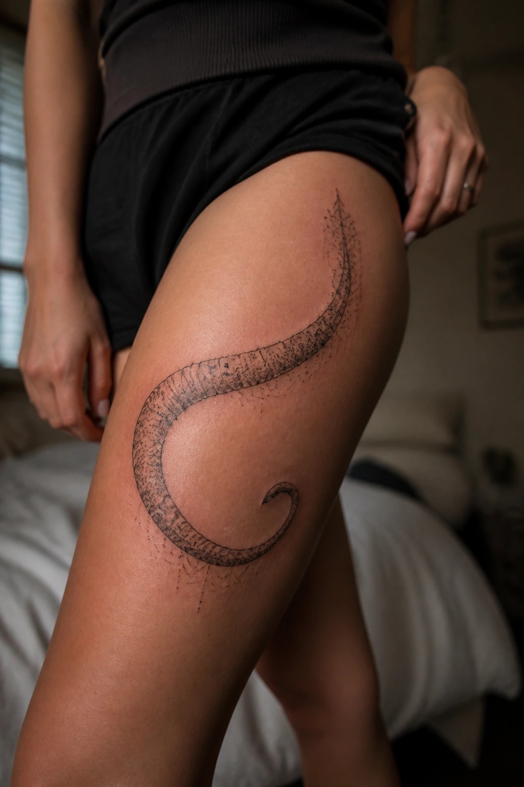 Curved black centipede tattoo on thigh of person wearing black shorts.