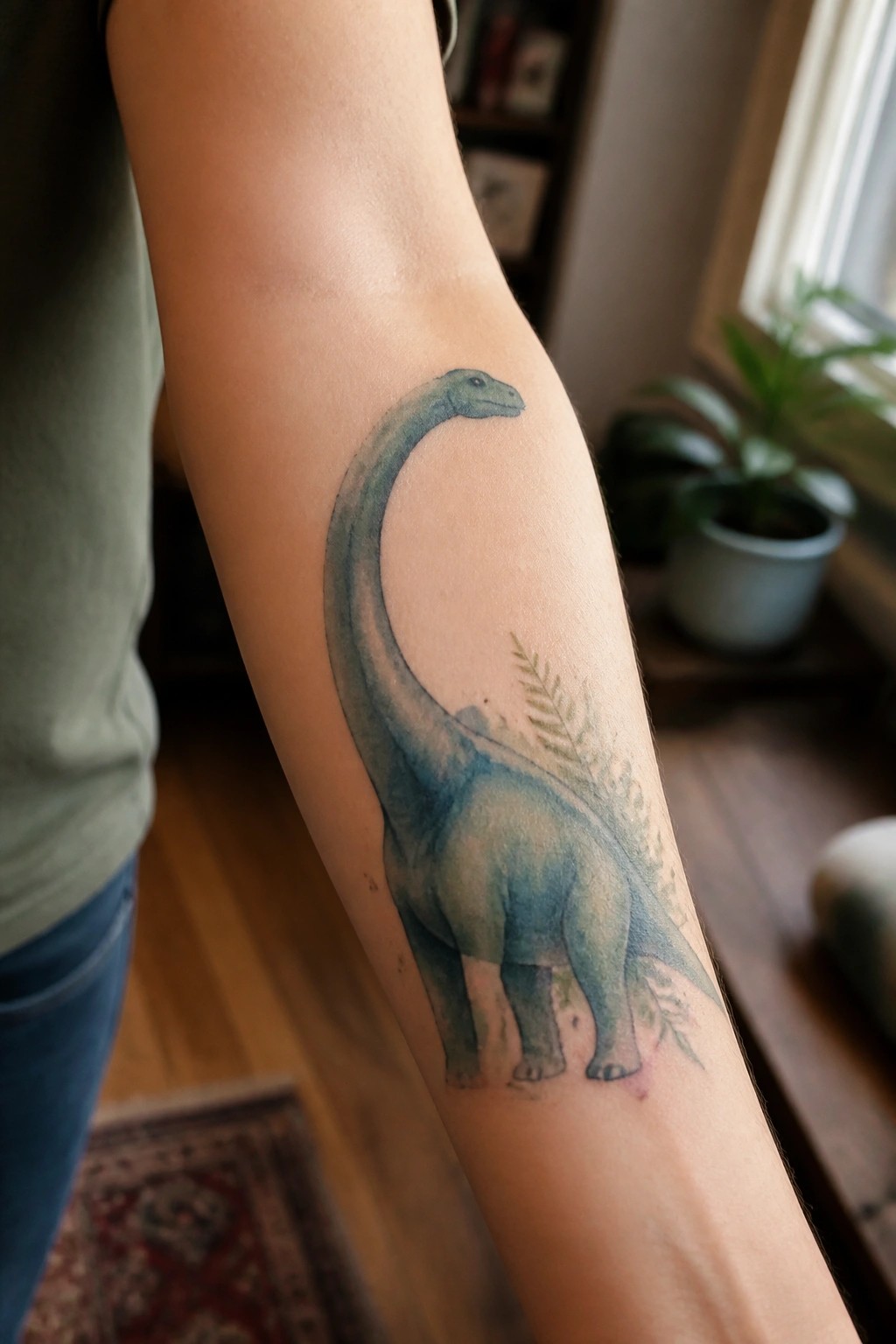Watercolor style sauropod dinosaur tattoo on the inner forearm with blue green tones and small fern details.