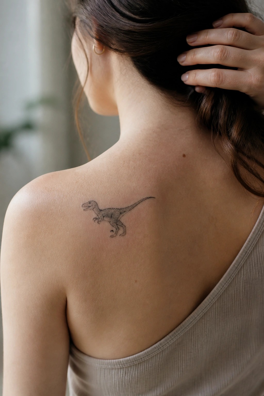 Woman's upper back with small dinosaur tattoo above beige tank top, hand in hair.