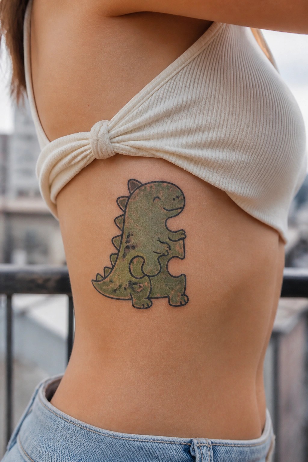 Small camouflage dinosaur tattoo on the side of a torso with black outline and green fill.