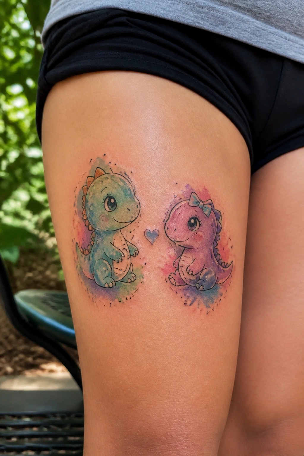 Two watercolor dinosaur tattoos on thigh with heart between, black shorts visible
