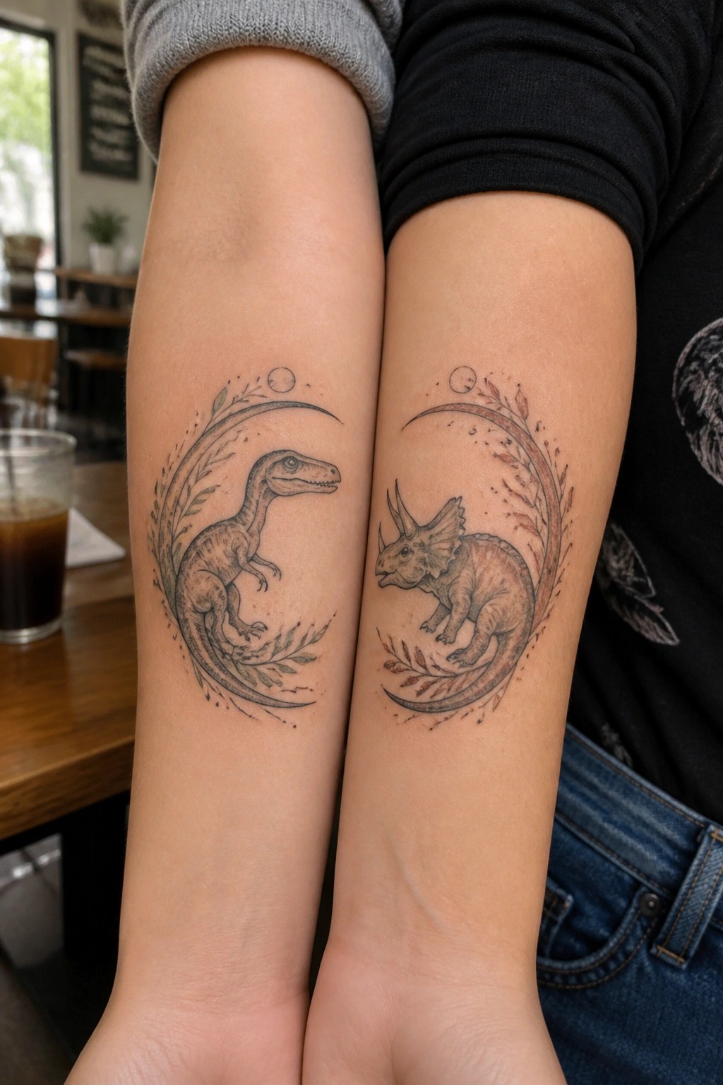 Matching raptor and triceratops tattoos on forearms in leafy crescents