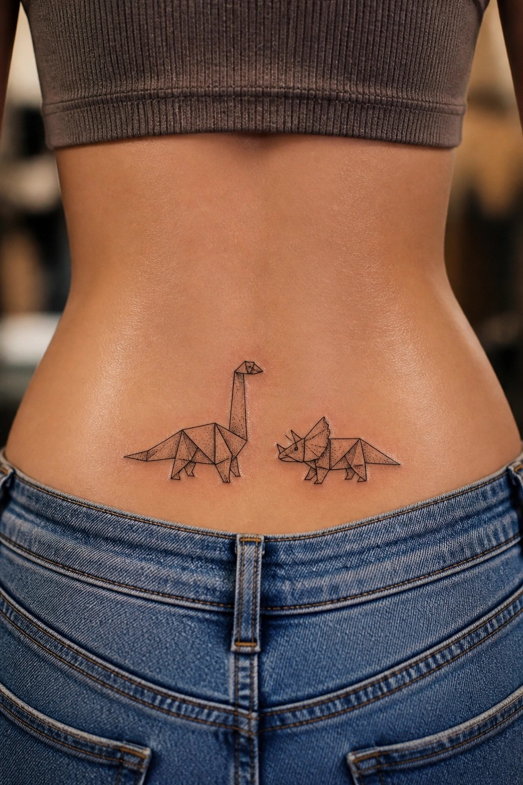 Two geometric dinosaur tattoos on lower back above blue jeans and gray crop top