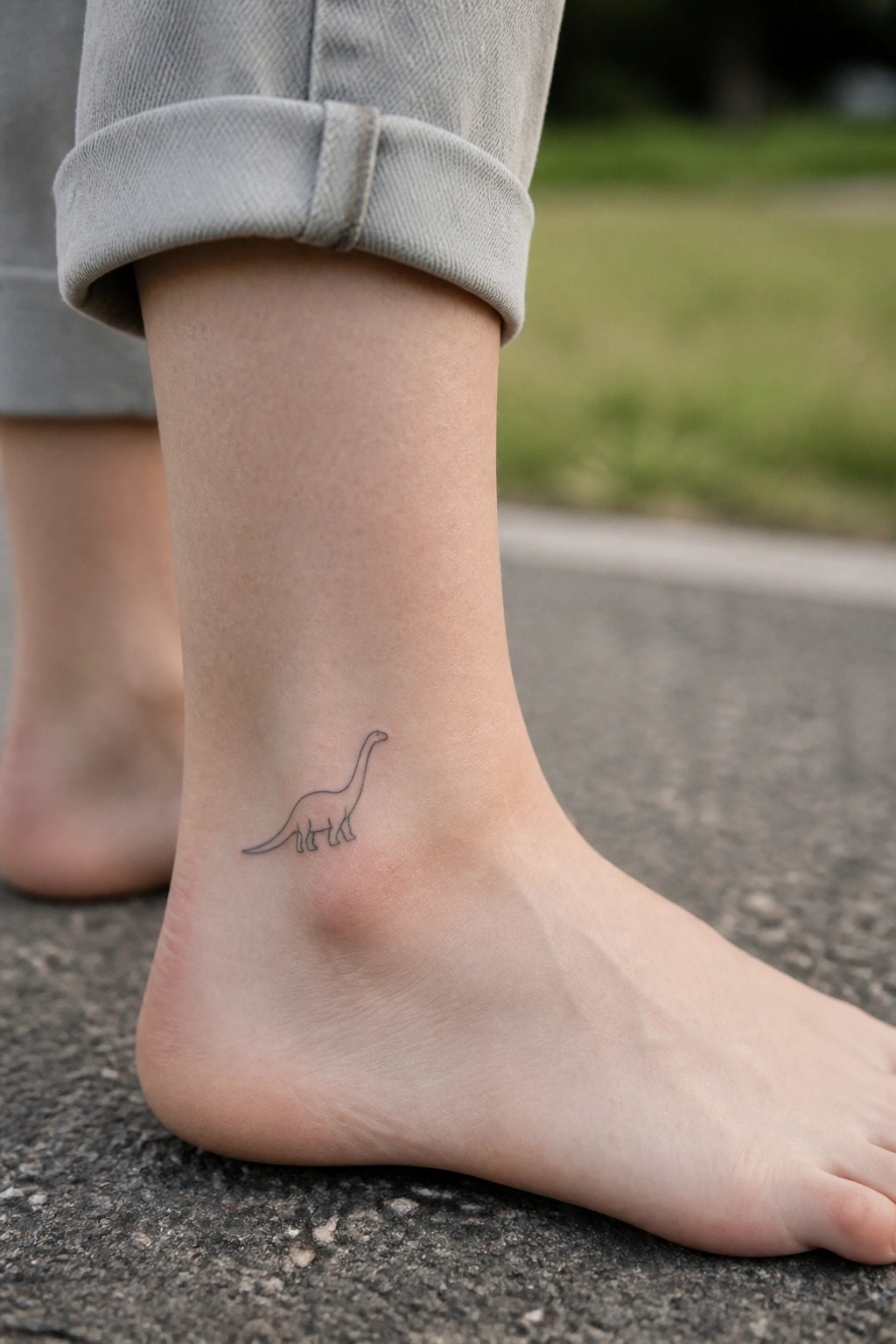 Small dinosaur tattoo on ankle above bare foot with rolled-up gray pants