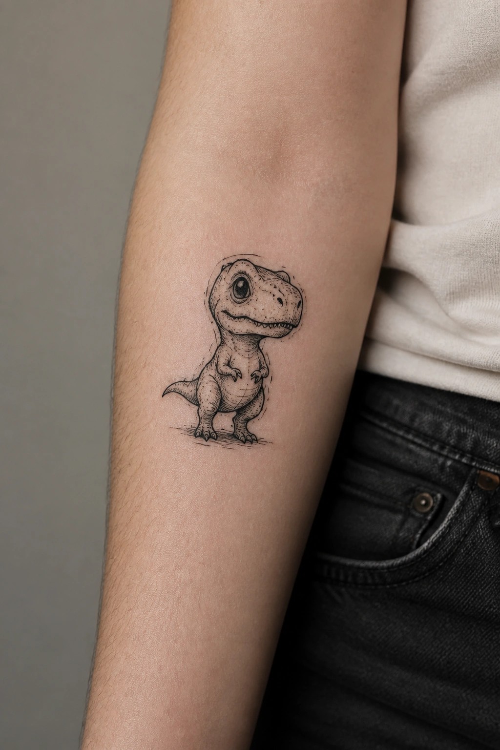 Small cute T-Rex dinosaur tattoo in black ink on the inner forearm
