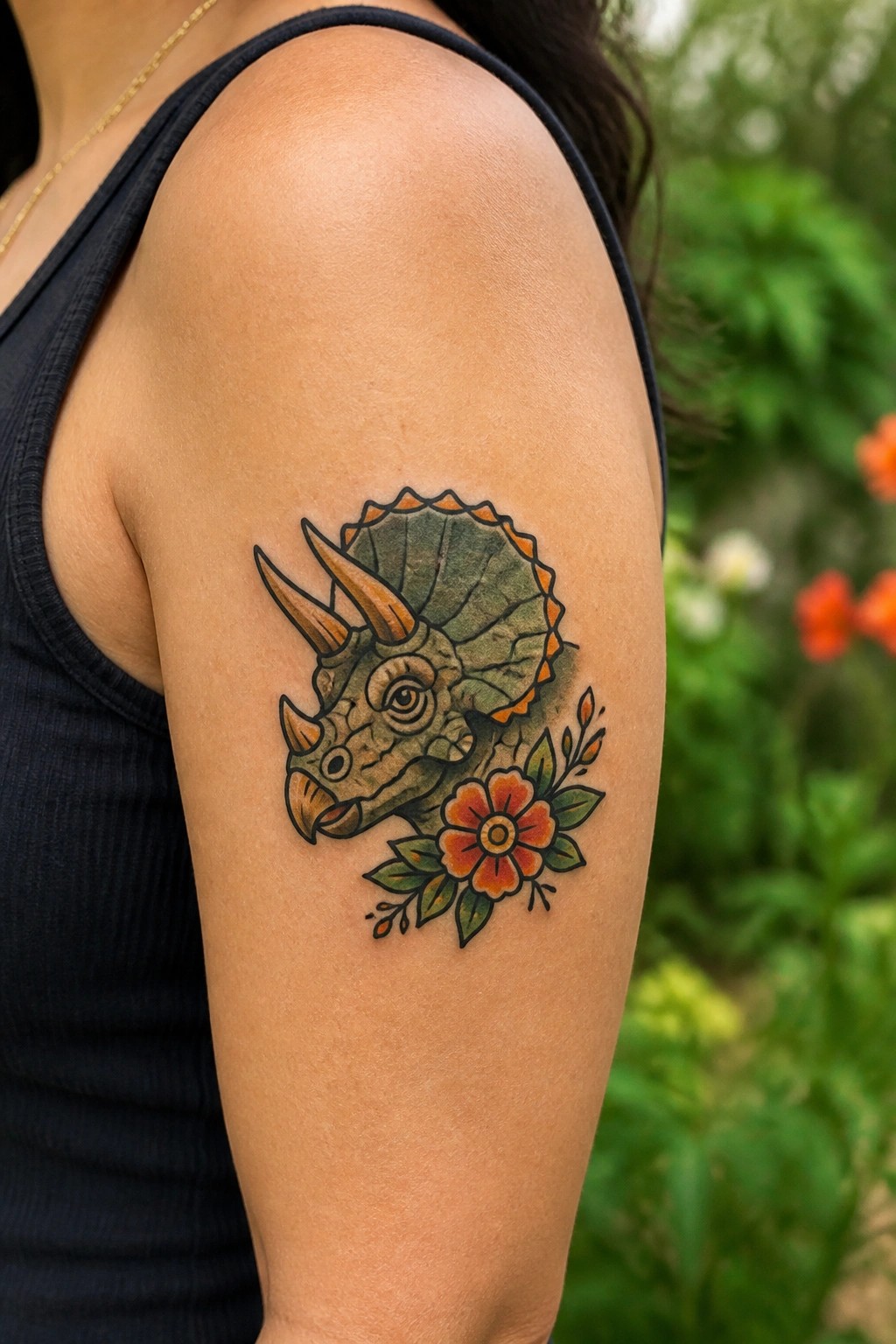 Traditional style triceratops tattoo on the upper arm with a flower accent below the jaw