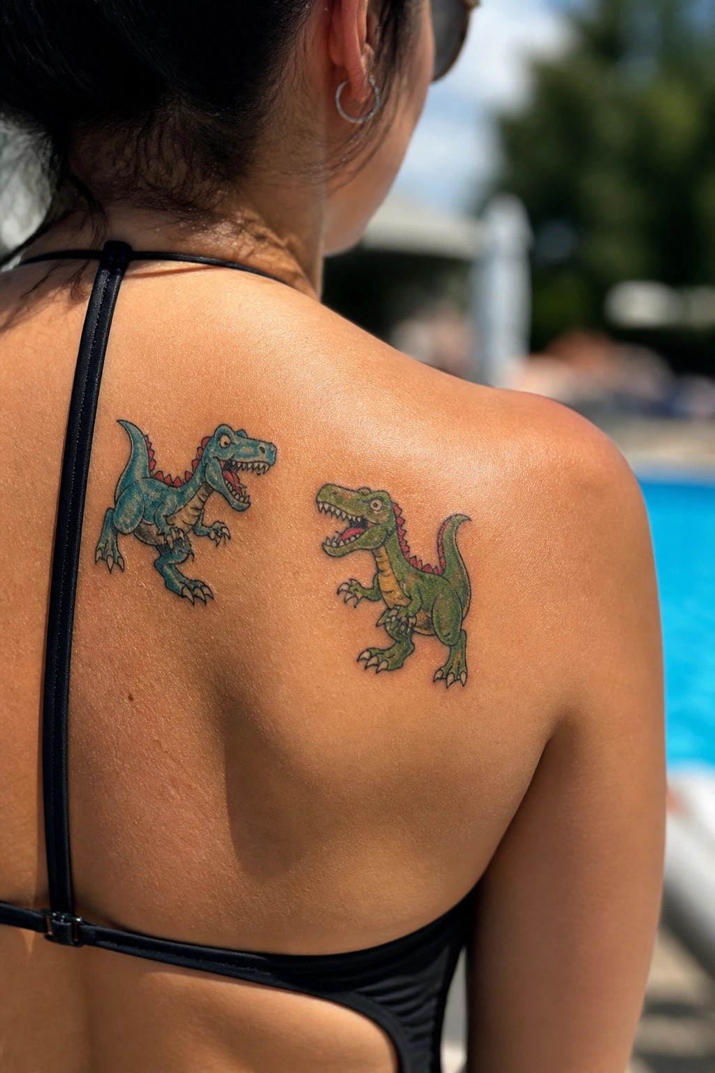 Two colorful T-Rex dinosaur tattoos placed on the upper back, facing each other near the shoulders.