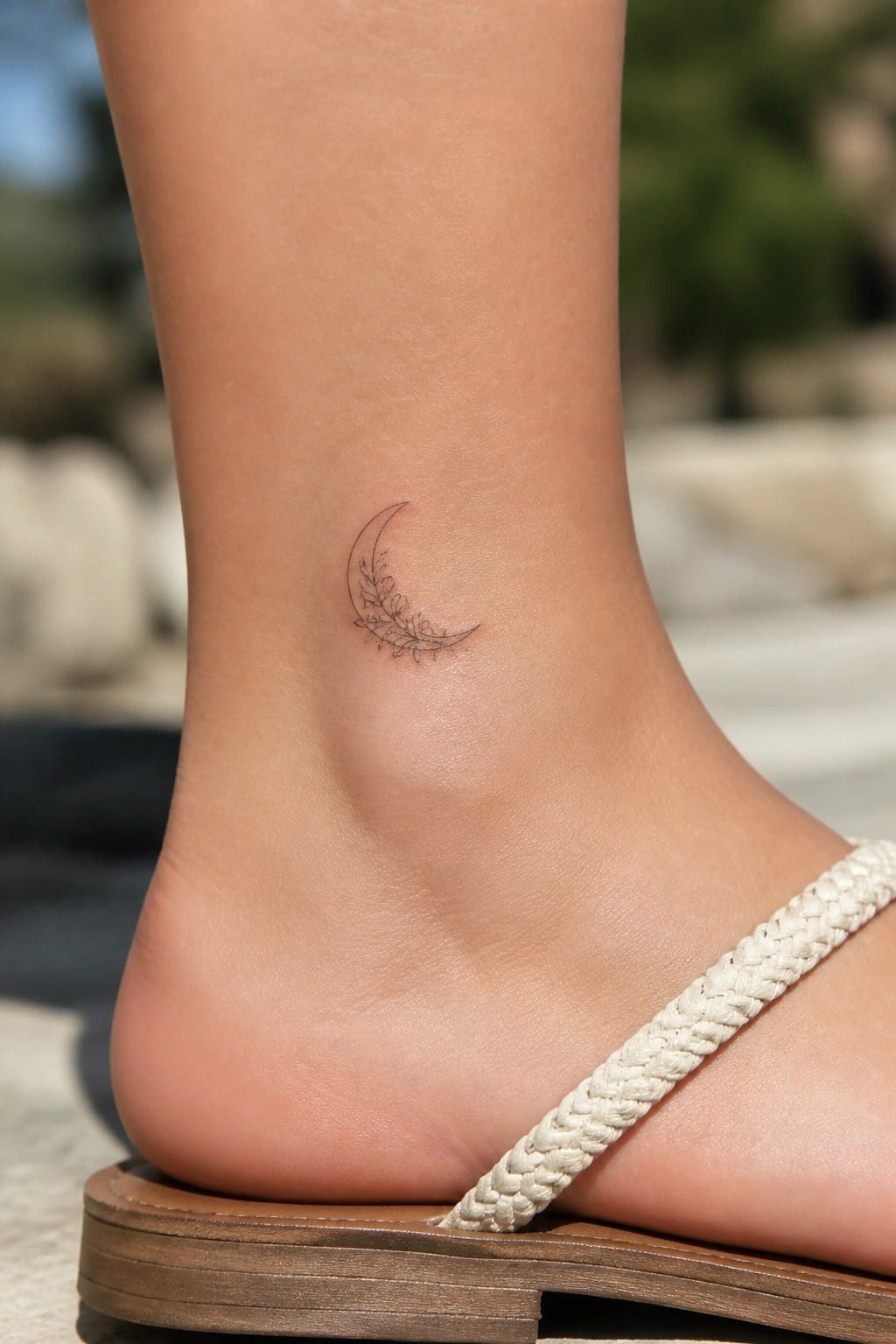 Crescent moon floral tattoo on ankle above white braided sandal strap.