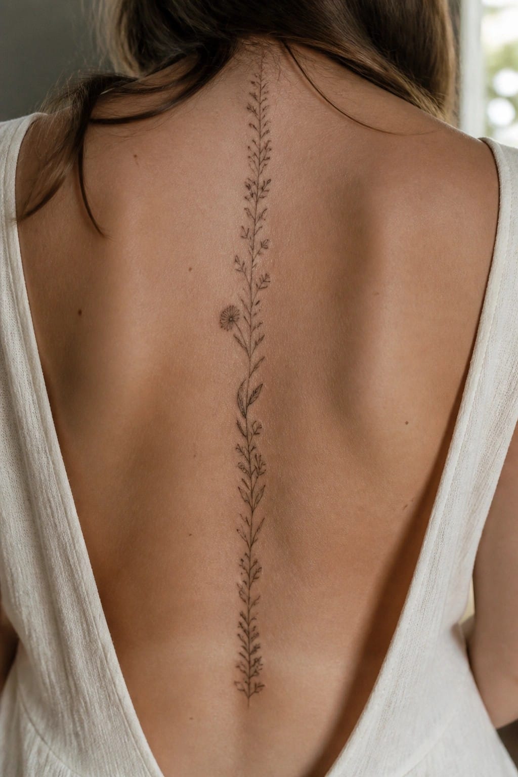 Fine line floral vine tattoo running vertically down the spine on a woman's back.