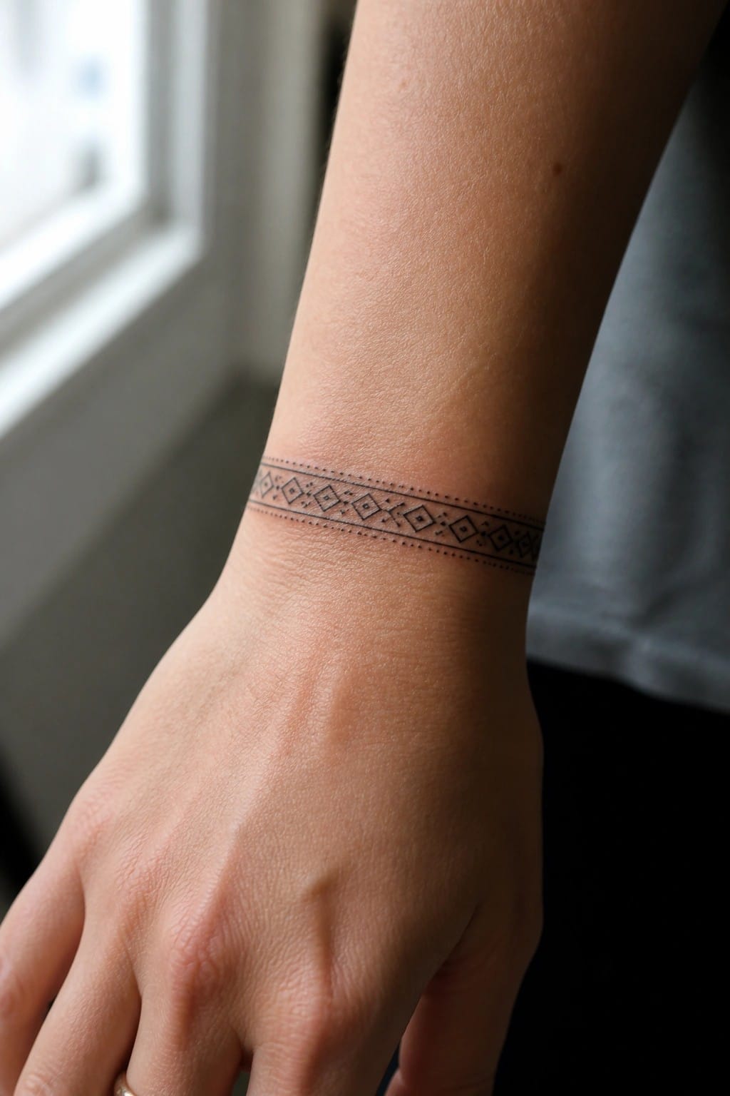 Wrist with black geometric diamond tattoo band and gold ring on finger