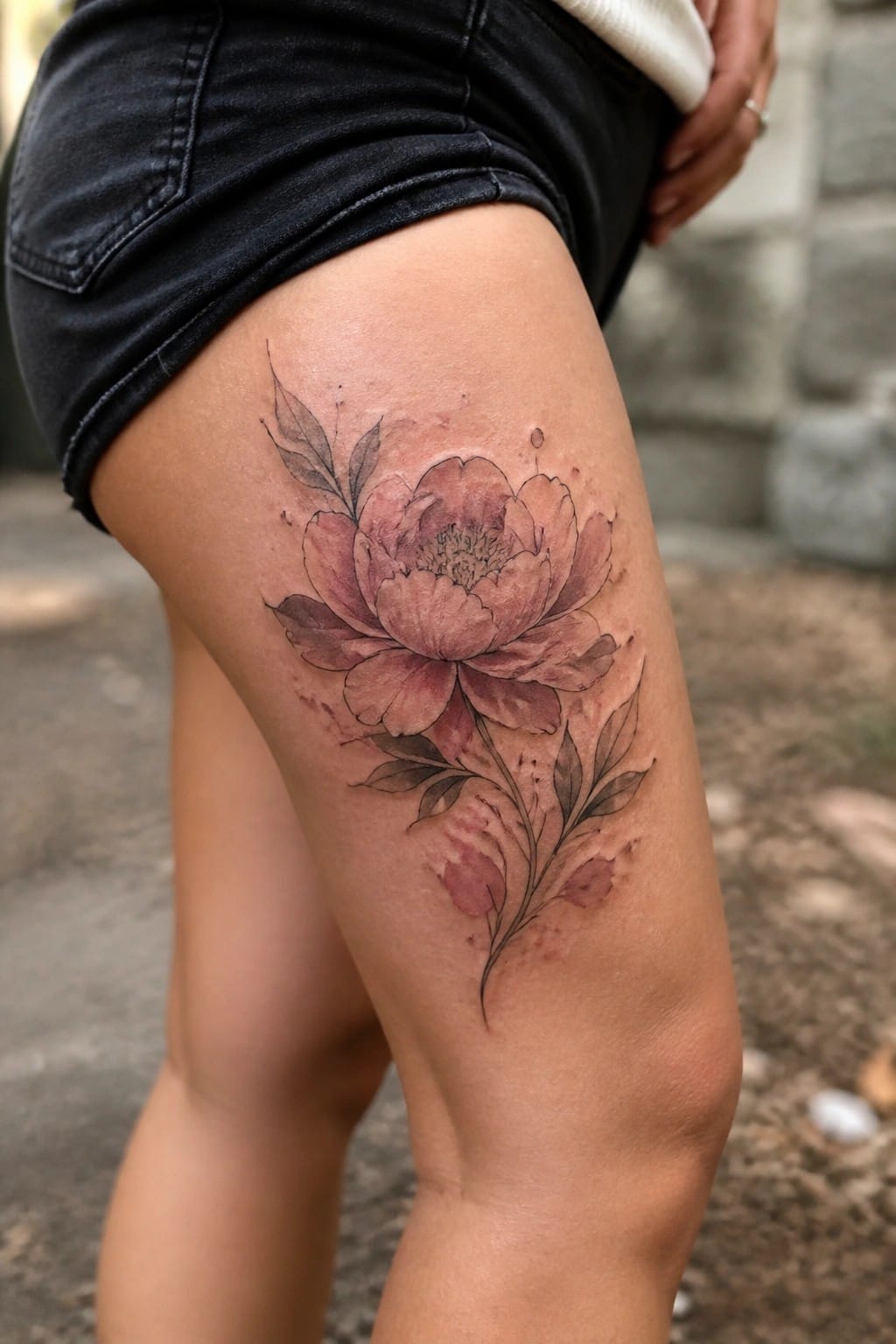 Watercolor pink peony tattoo with leaves on thigh above black shorts