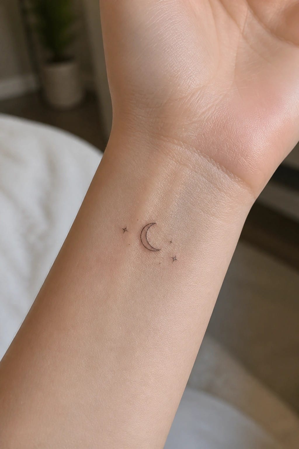 Minimalist crescent moon and three stars tattoo on inner wrist.