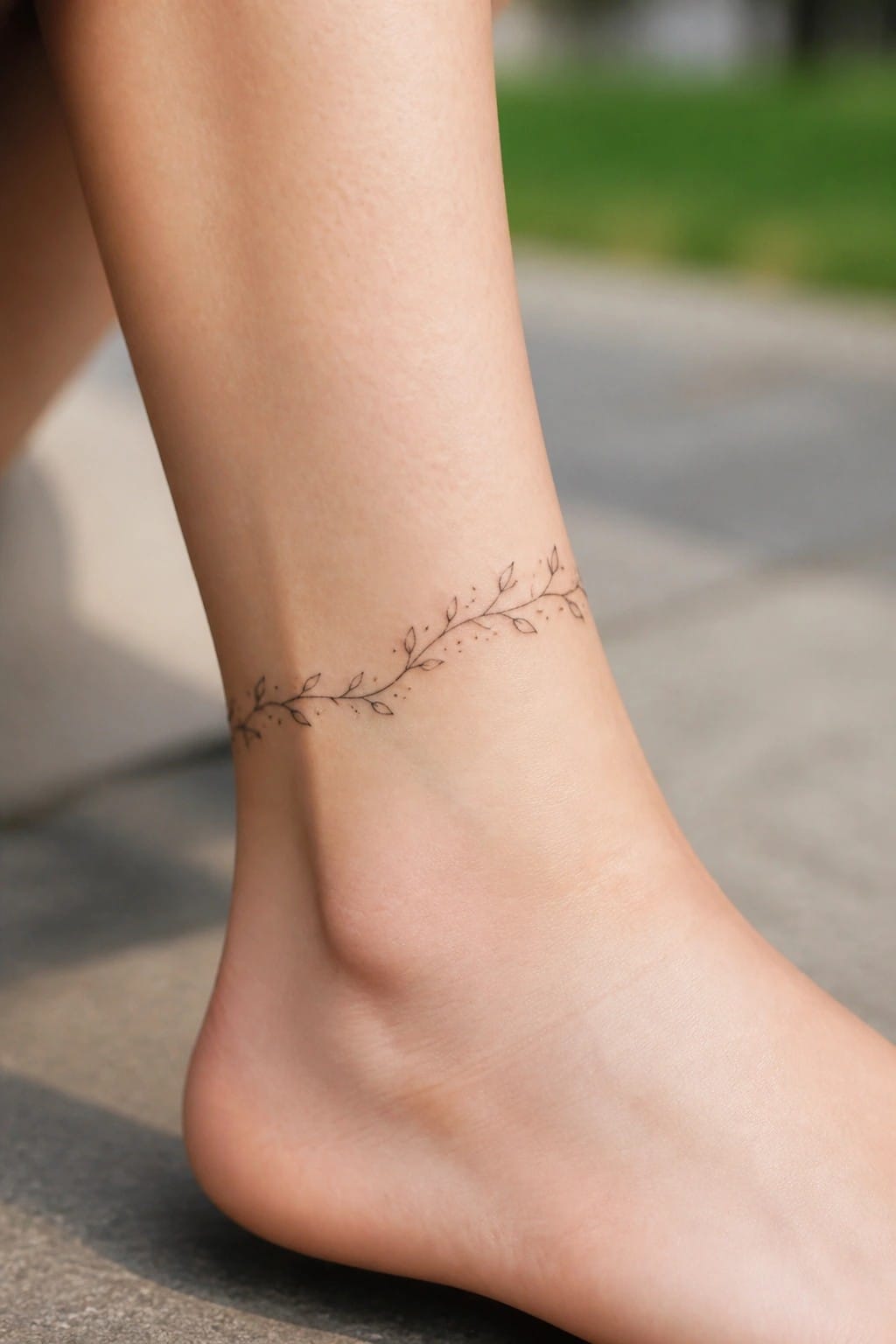 fine line tattoo of a leafy vine wrapped around an ankle with small leaves and dots