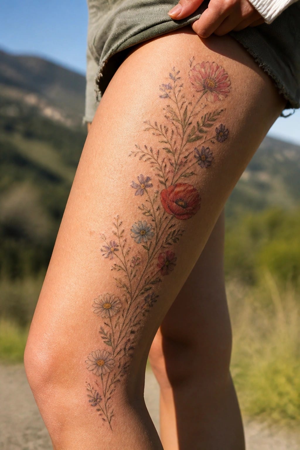 Colorful wildflower tattoo on thigh with green shorts and mountain backdrop
