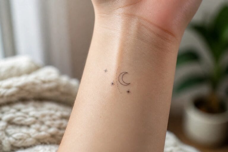 20 Elegant Feminine Tattoo Ideas for a Timeless and Delicate Look Minimalist crescent moon and three stars tattoo on inner wrist.