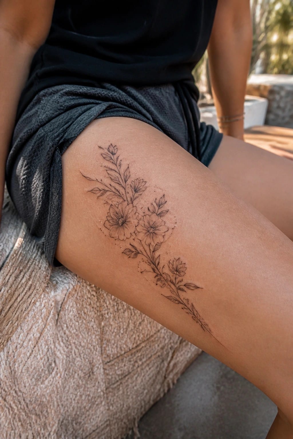 Fine line floral tattoo with flowers and leaves placed on the upper thigh, showing a flowing design that extends downward.