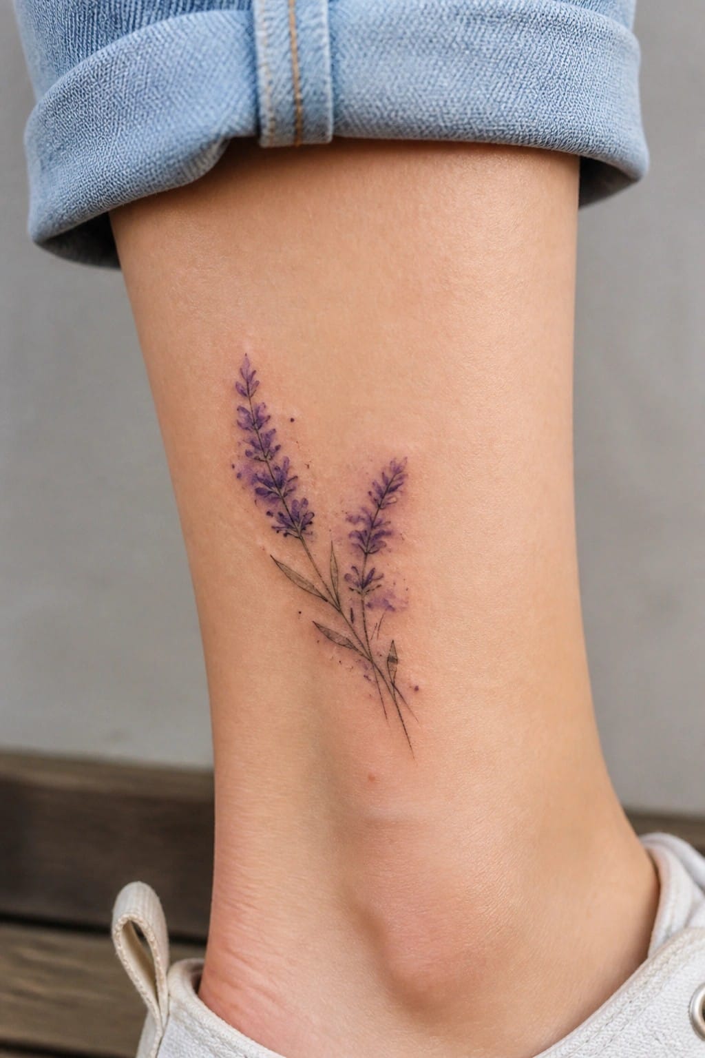 Watercolor purple lavender tattoo on ankle beneath rolled light blue jeans