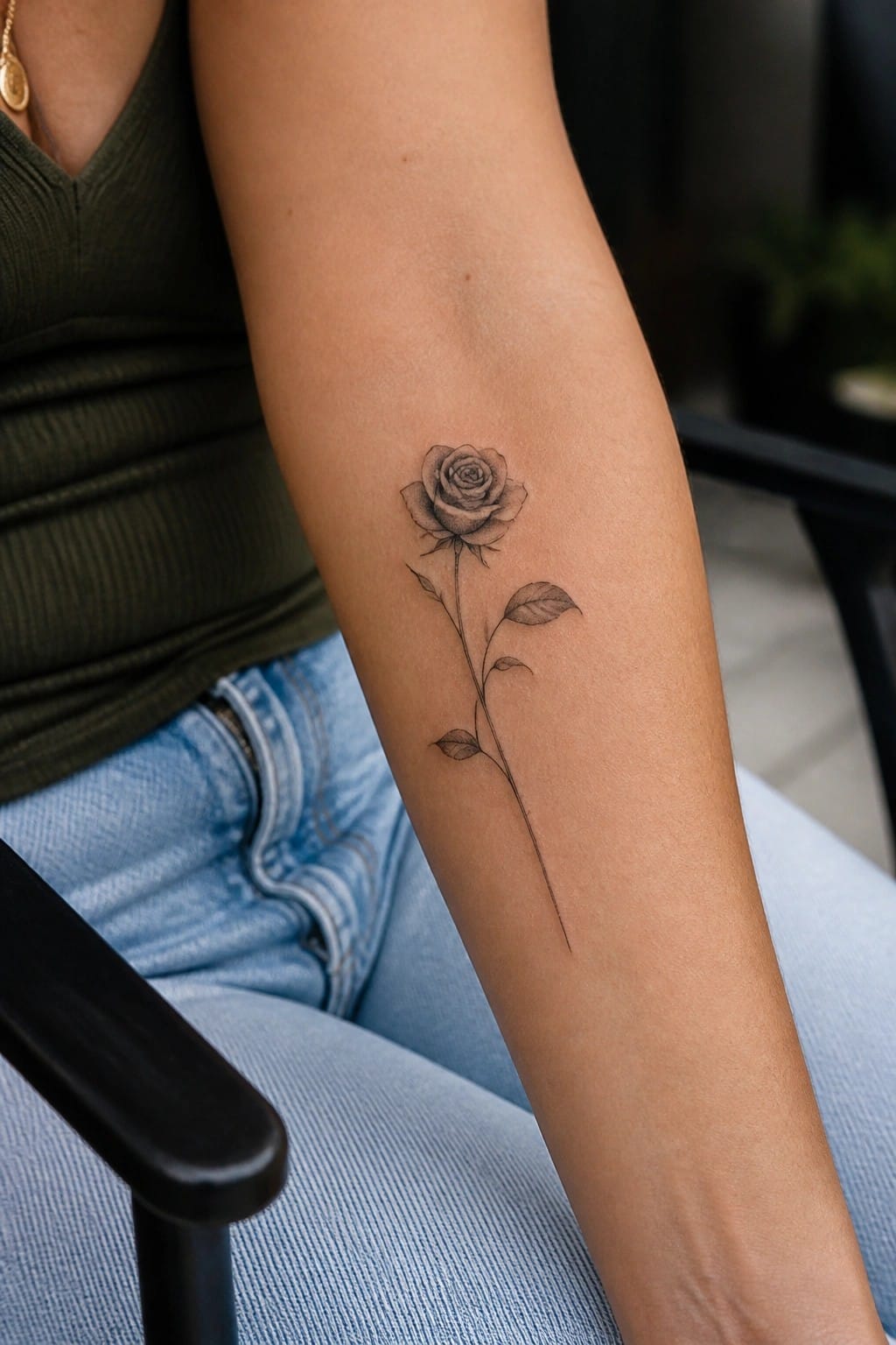 Rose tattoo on forearm of person in green top and blue jeans