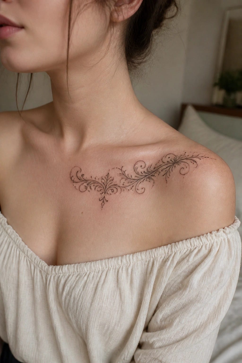 Woman's collarbone with elegant black floral tattoo above off-white off-shoulder top